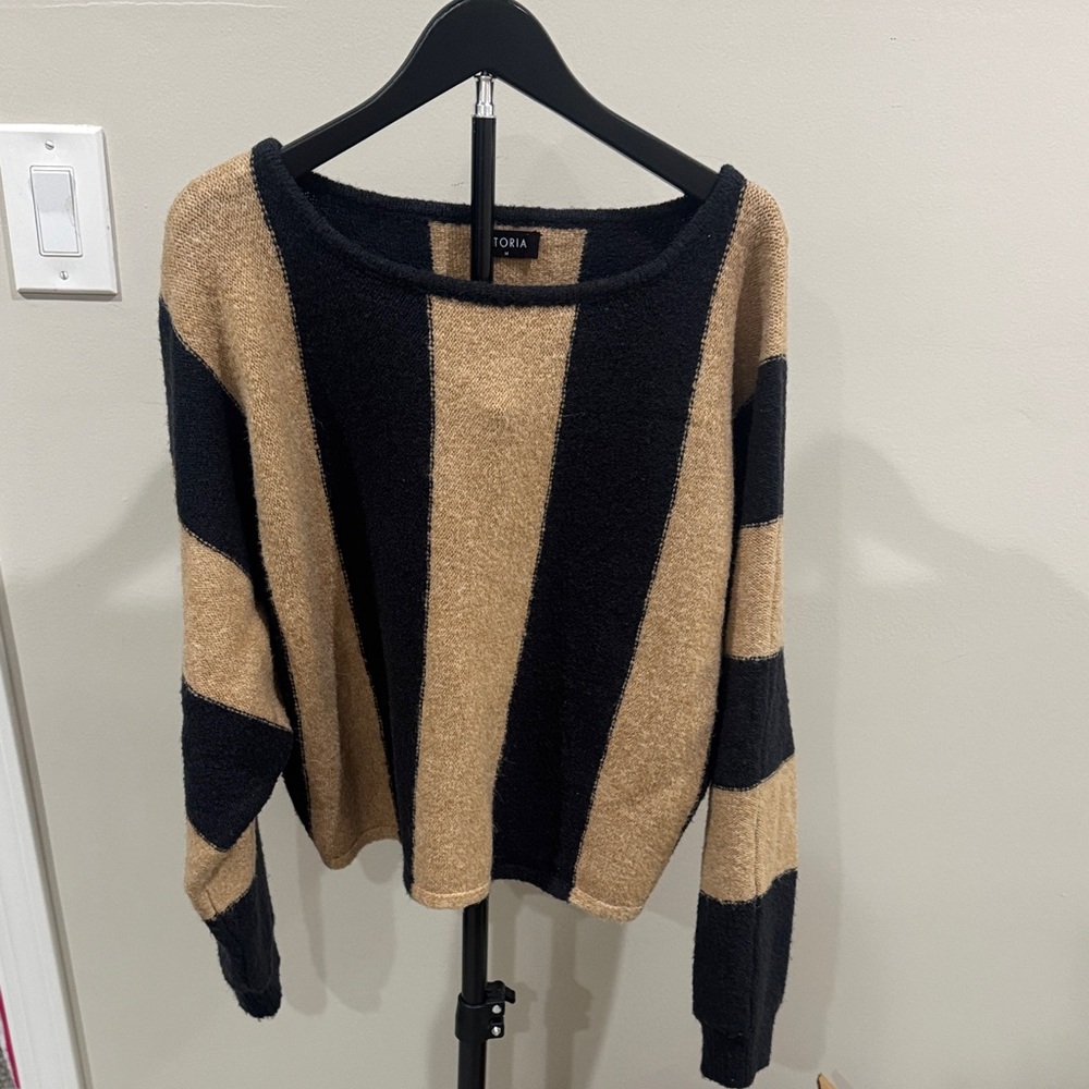 Black and Camel Striped crop Crewneck Sweater